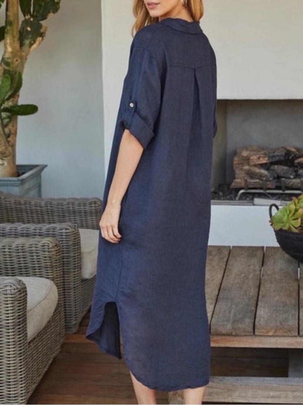 Milio Milano Solid Midi-Length Linen Dress - Navy Blue Size M - Picture 3 of 5